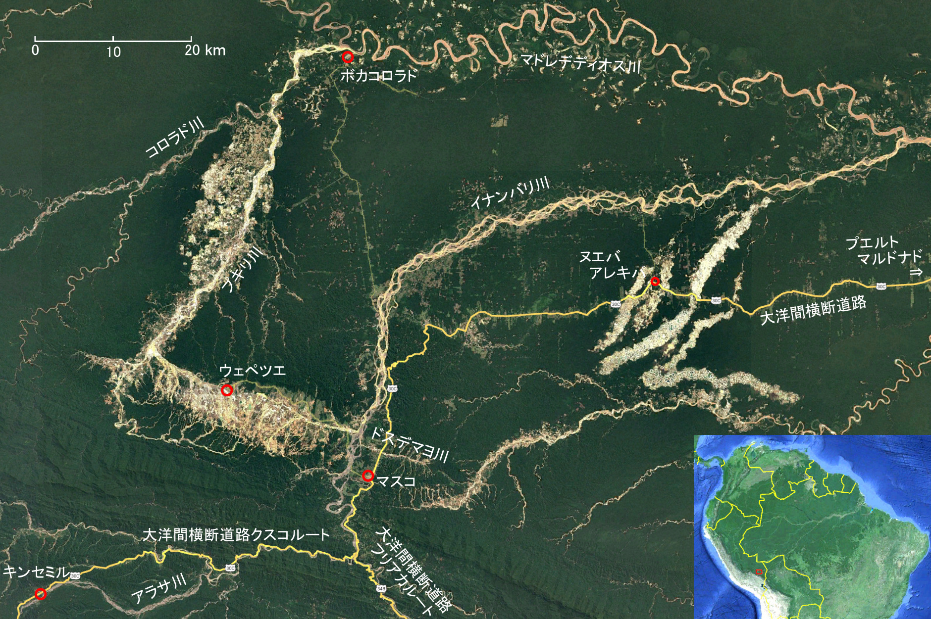 Placer gold collecting sites along the Interoceanic Highway