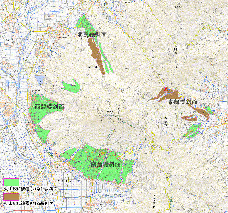筑波山における山麓緩斜面の分布