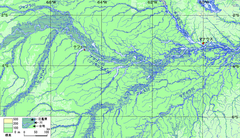 アマゾン川中流域の地形図