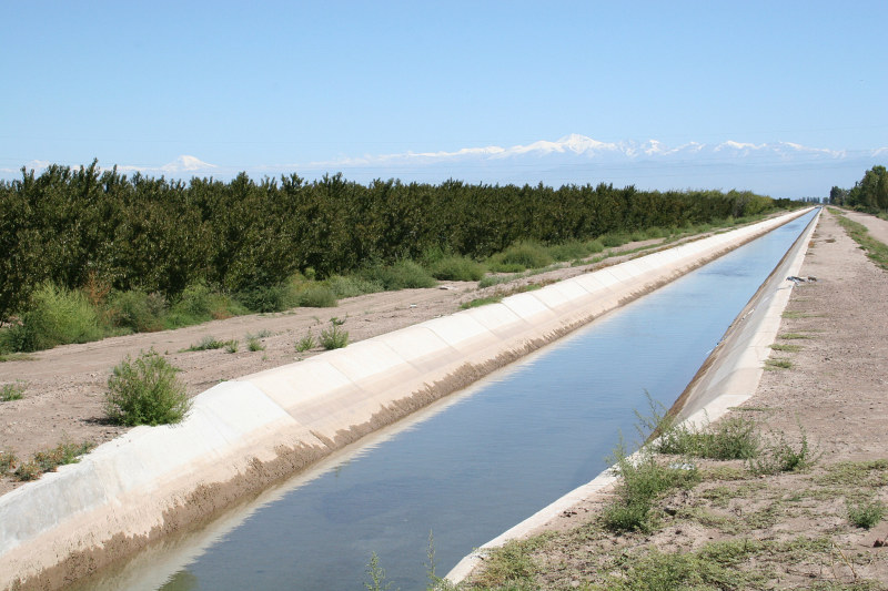 Outside Mendoza, desert irrigation waterway and orchards